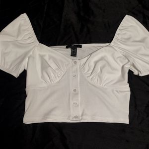 FOREVER 21 Off Shoulder Cropped Puff Sleeve Button Up Top